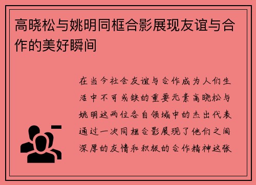 高晓松与姚明同框合影展现友谊与合作的美好瞬间